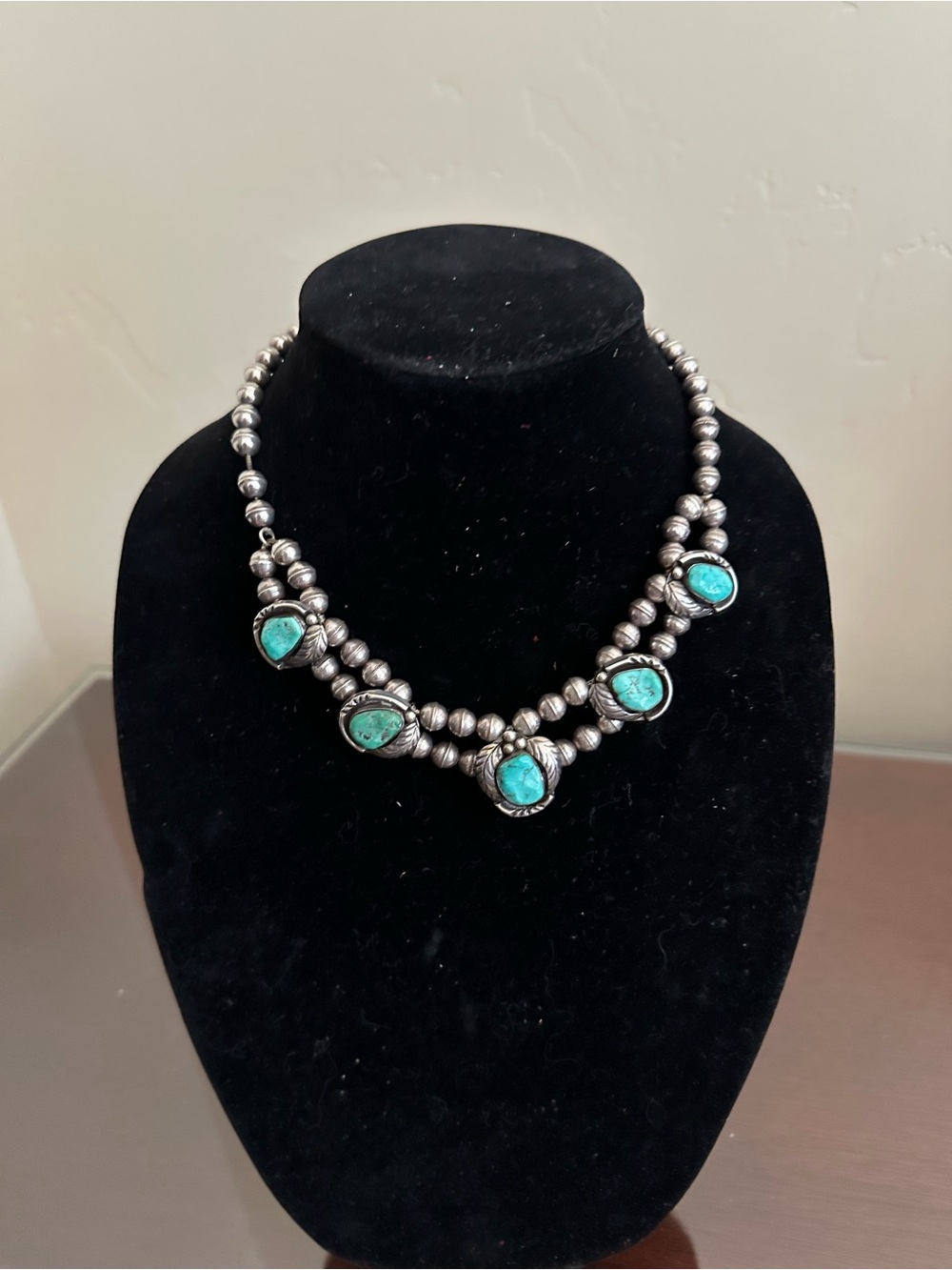 Vintage Native American Sterling Silver Turquoise Bead Necklace - signed